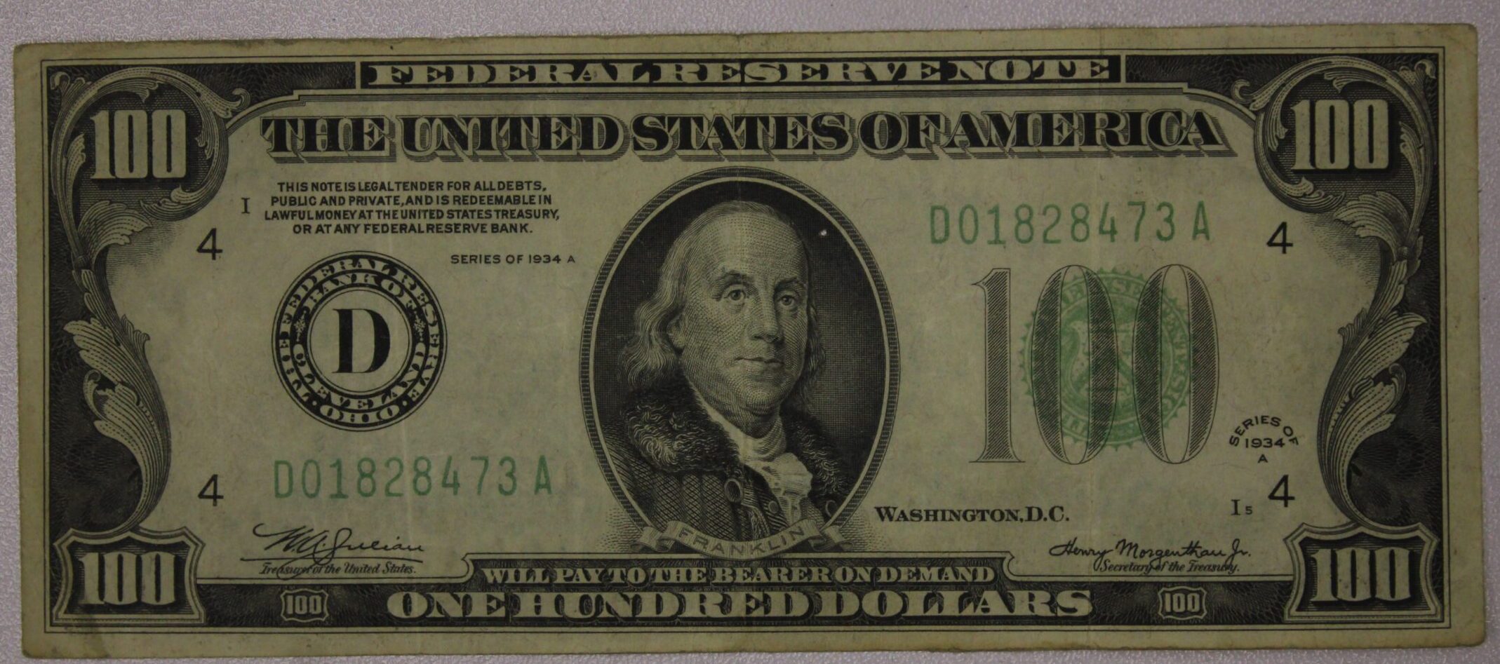AUCTION- 1934-A One Hundred Dollars Federal Reserve Note Cleveland District (Few Pin Holes)
