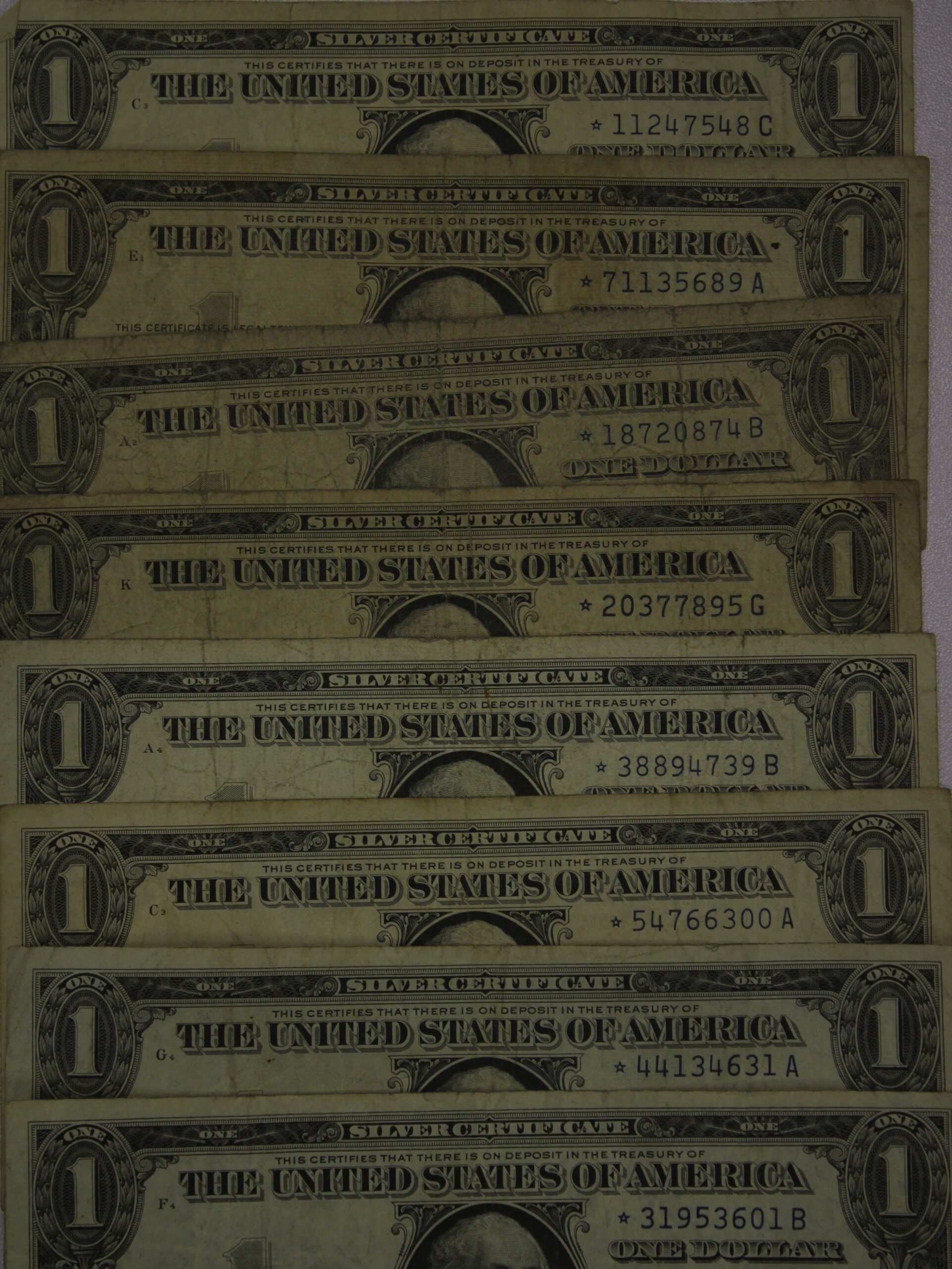 AUCTION- 8 One Dollar Silver Certificates 1935 & 1957 STAR Notes All Circulated