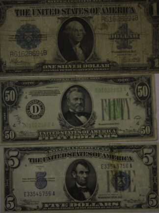 AUCTION- 1923 One Dollar Silver Certificate, 1934 Fifty Dollar FRN & 1934-A Five Dollar Silver Certificate