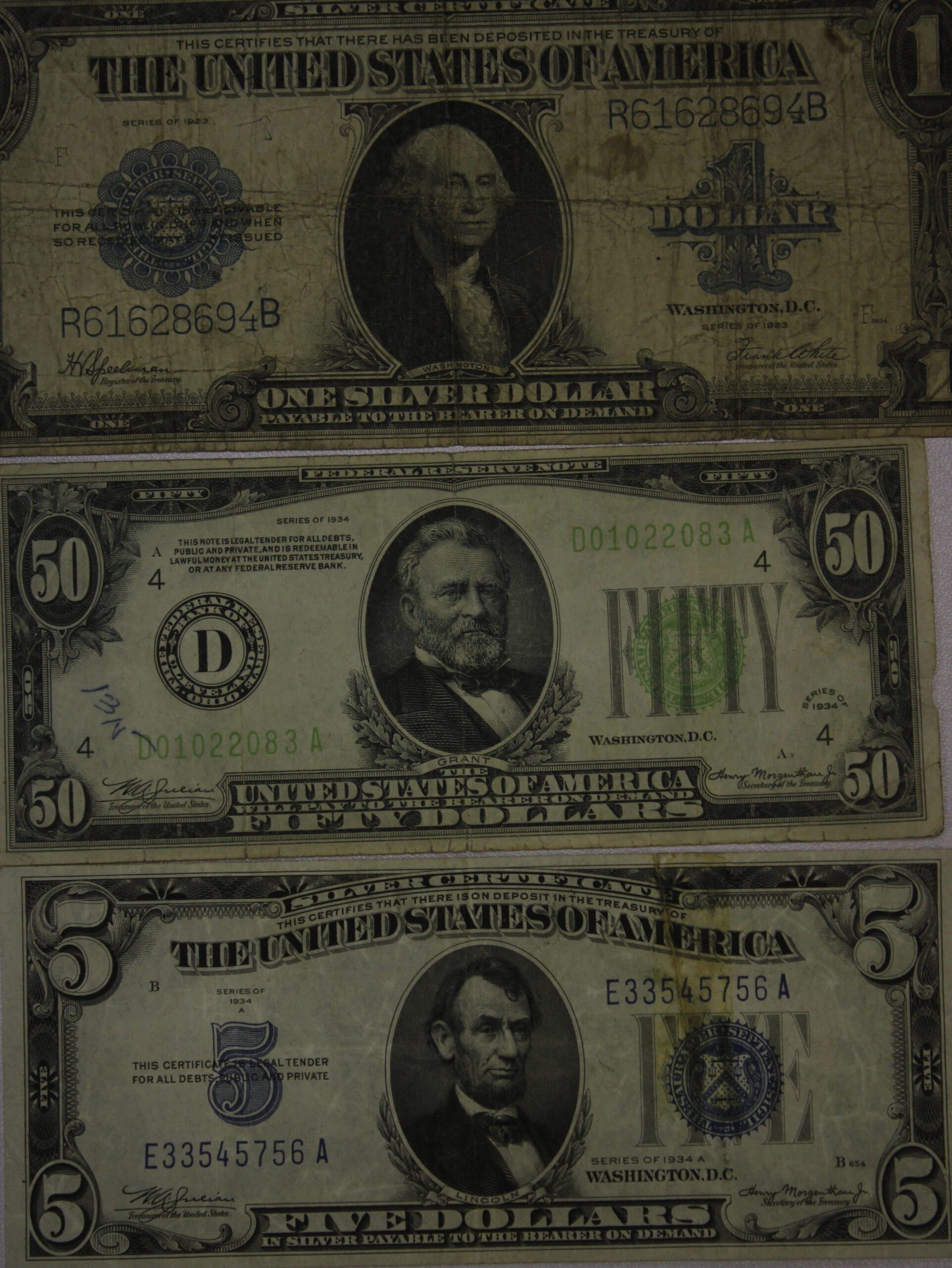 AUCTION- 1923 One Dollar Silver Certificate, 1934 Fifty Dollar FRN & 1934-A Five Dollar Silver Certificate