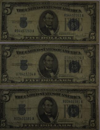 AUCTION- 1934-D Five Dollar Silver Certificates Very Worn (Three of Them)
