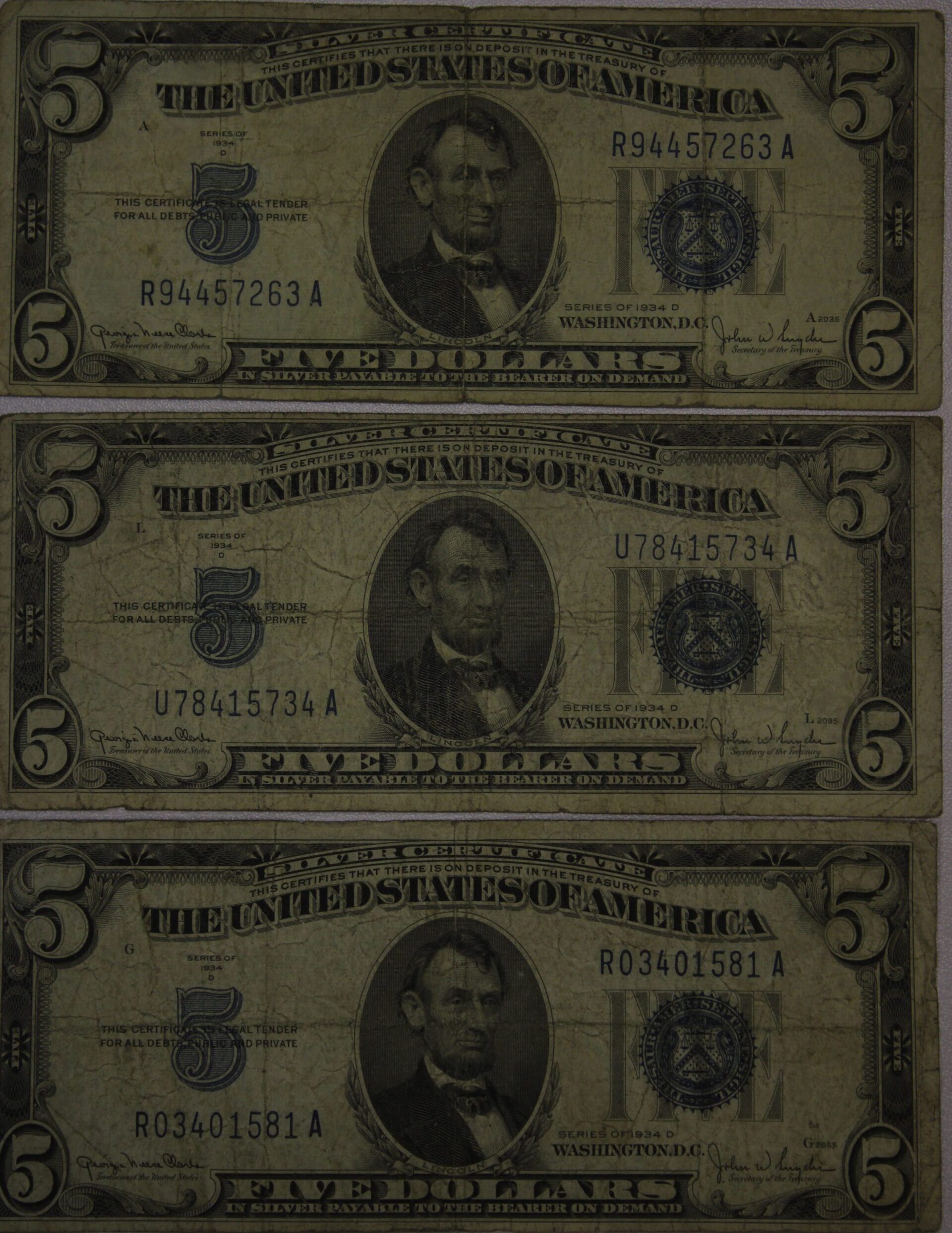AUCTION- 1934-D Five Dollar Silver Certificates Very Worn (Three of Them)