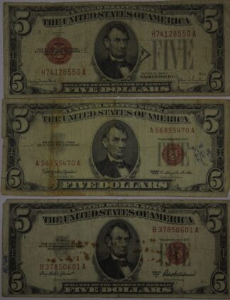 AUCTION- 1928-F, 1953-A & 1963 Five Dollar United States Notes Worn & Stained