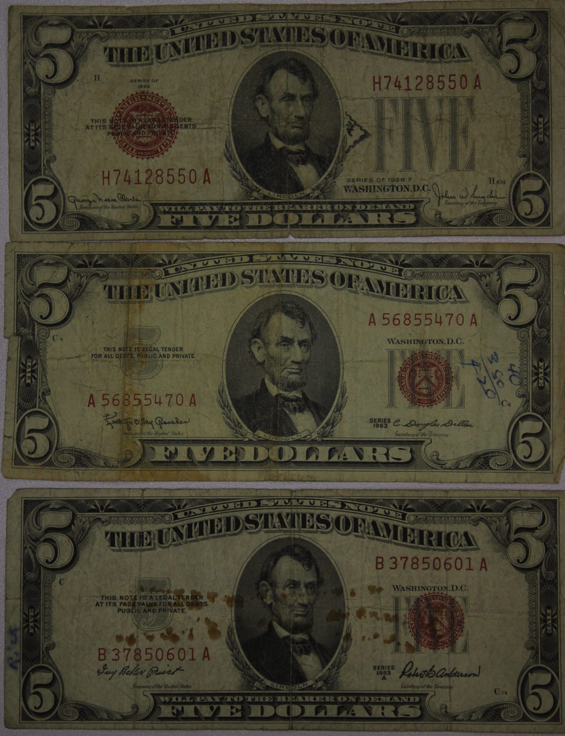 AUCTION- 1928-F, 1953-A & 1963 Five Dollar United States Notes Worn & Stained