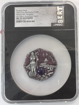 2025 Germania Fantasy Issue Witchcraft Herbalist UV Effect-Amethyst Insert NGC MS70 Antiquated BERT