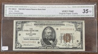 1929 Fifty Dollars National Currency Federal Reserve Note Cleveland District CGI Very Fine 35 Original Paper Quality