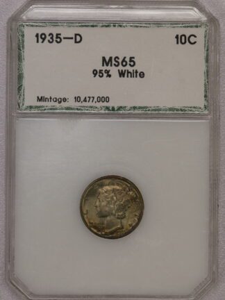 Auction-1935-D Mercury Dime PCI Holder MS65 "95% White" Nice Toning