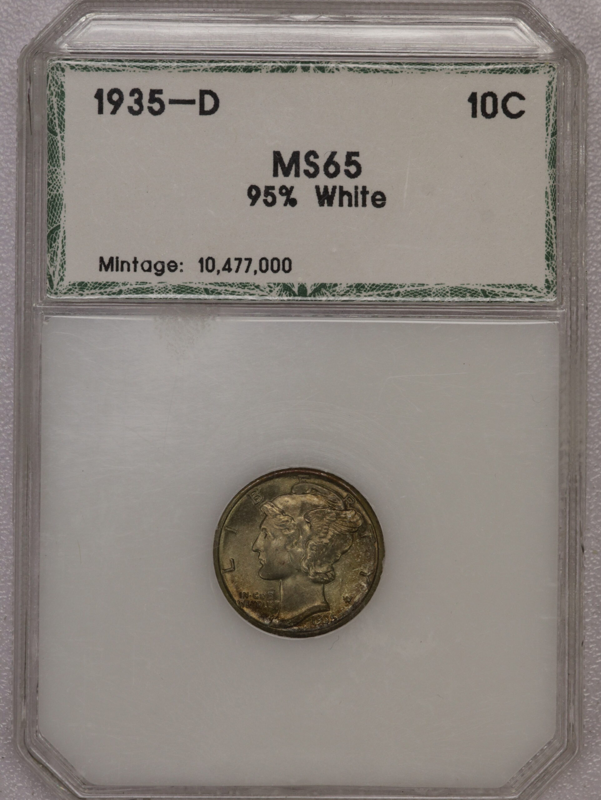 Auction-1935-D Mercury Dime PCI Holder MS65 "95% White" Nice Toning