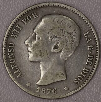 Auction - 1876 1 Peseta - Alfonso XII 2nd portrait Spain *.835 Silver