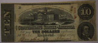 1863 Ten Dollars Confederate Currency Richmond Virginia T-59