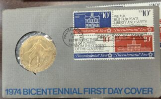 1974 Bicentennial First Day Cover Bicentennial Era Stamp Block and Bronze Medal