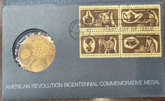 1972 Bicentennial First Day Cover Colonial American Craftsman Stamp Block and Bronze Medal