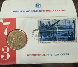 1973 Bicentennial First Day Cover Boston Tea Party Stamp Block and Bronze Medal