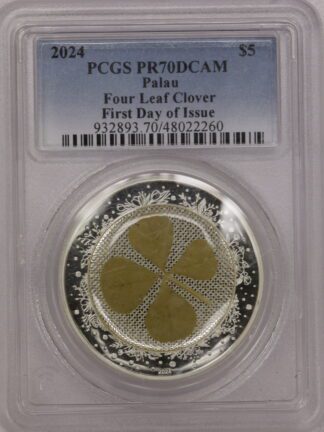 2024 Palau $5 One Ounce Silver Four Leaf Clover PCGS PR70 DCAM FDOI
