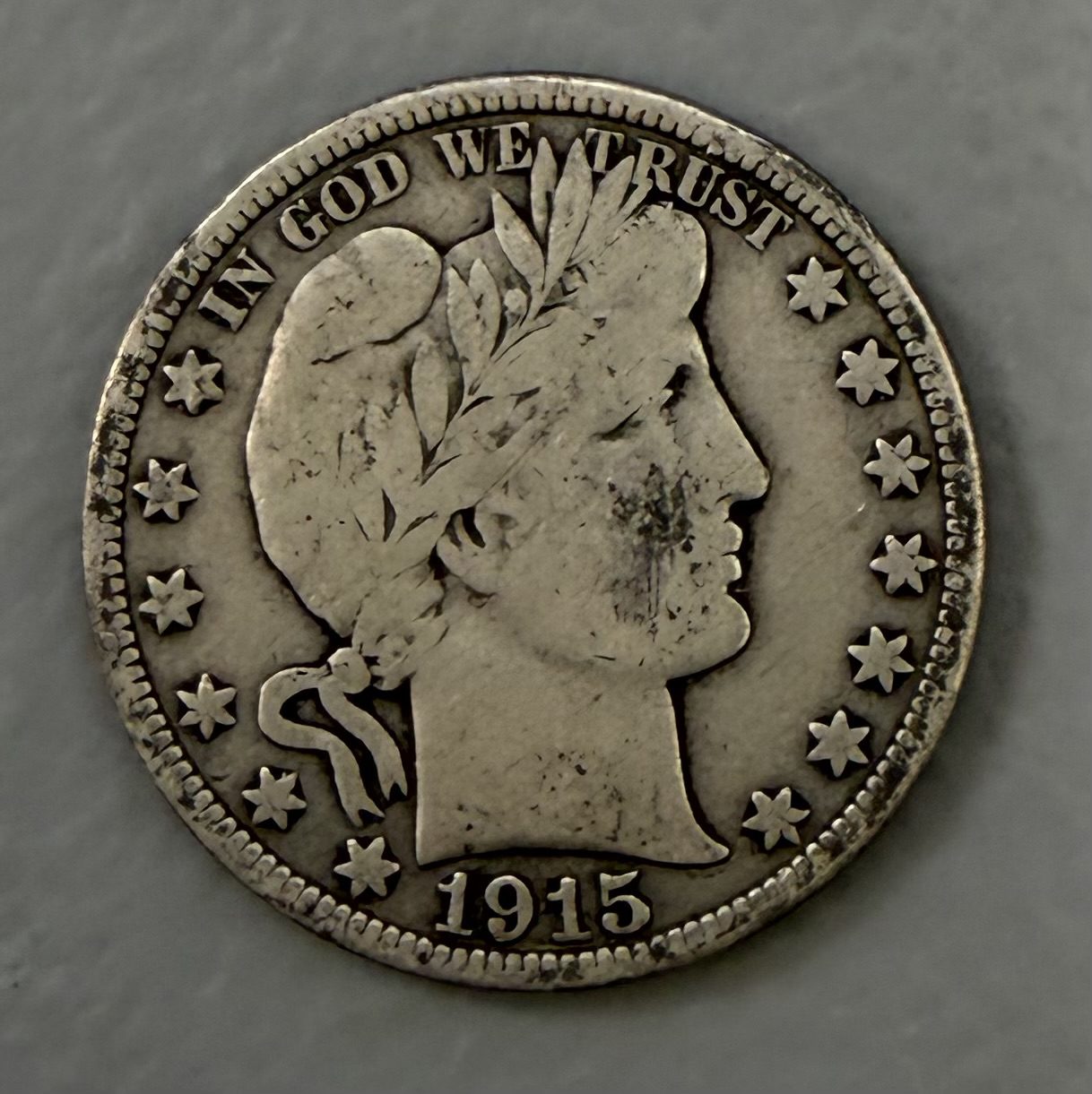 Auction-1915-D Barber Half Dollar. Scratch on cheek