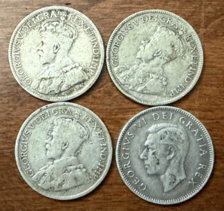 Auction=4 Canadian Silver Quarters (1918, 19, 28, 49) .65 Oz Silver