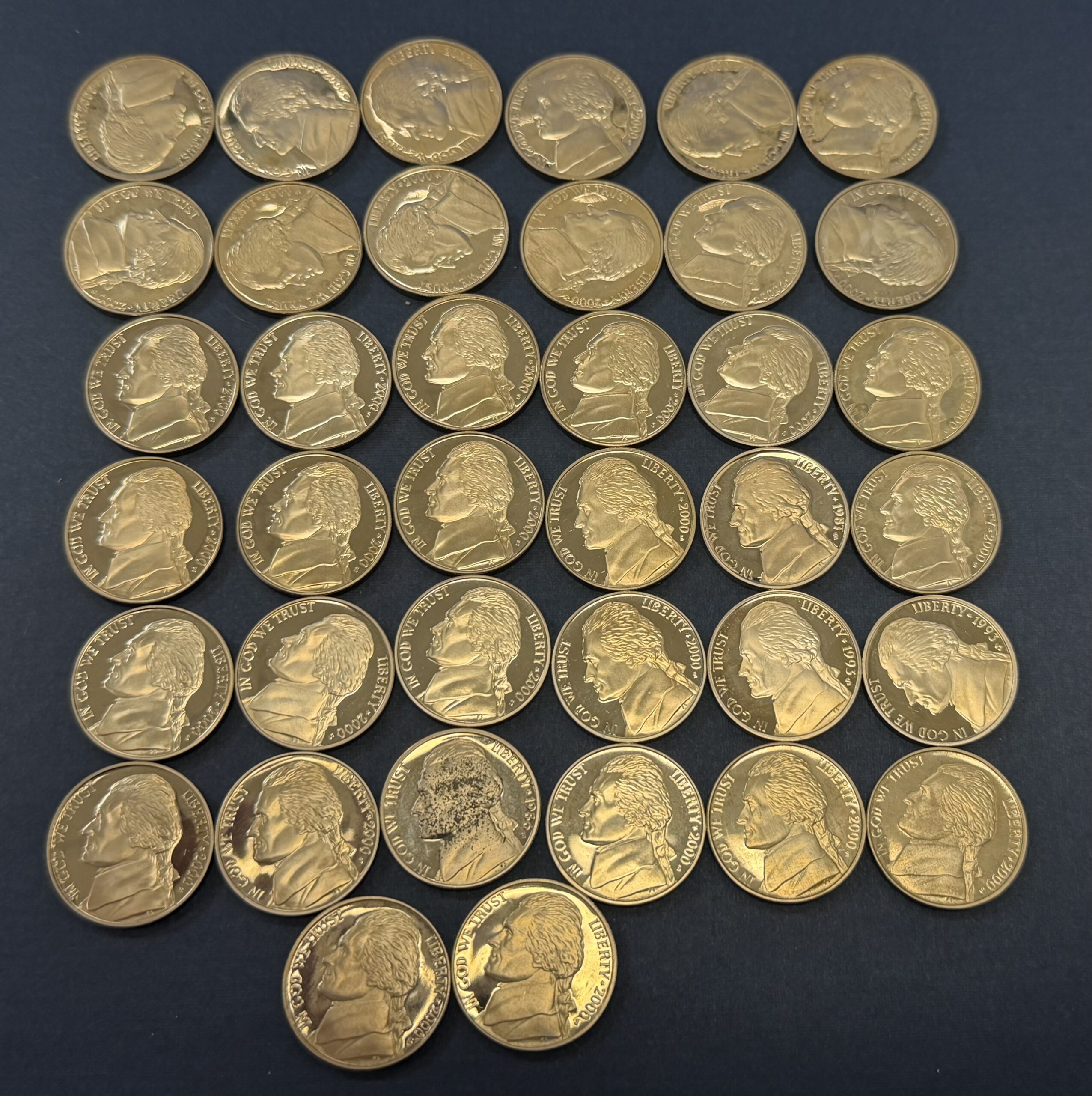 Auction-38 Proof Nickels. Most are Nice; 1986 Has Blemish; Mostly 2000-S and Ancient Coin In Bottle Replica