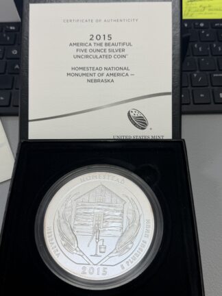 2015 Five (5) Ounce Silver ATB Homestead National Monument Nebraska OGP/COA