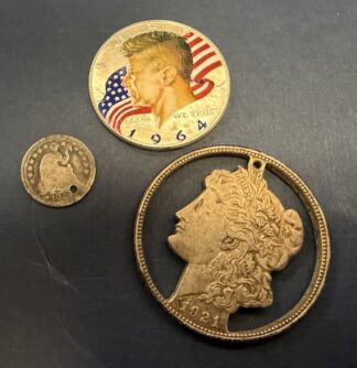 Auction-Group of Damaged Silver Coins, JFK/Morgan Dollar/Seated Half Dime (Dollar is 17.7 Grams) Hole in Dime, Painted 64 Half
