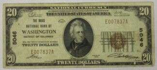 1929 National Currency 20 Dollars The Riggs National Bank of Washington DC Charter #5046 Circulated