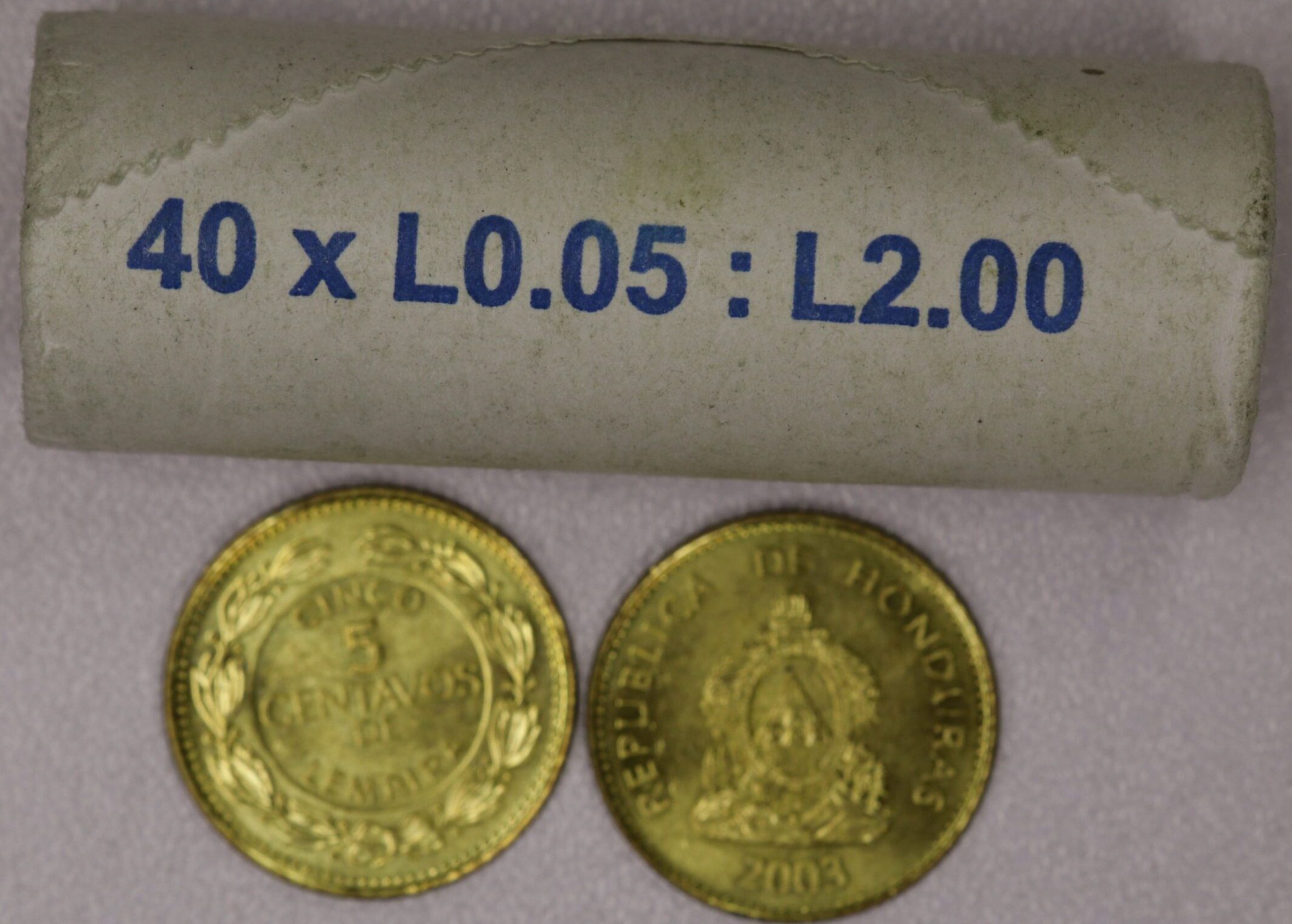 AUCTION- 2003 Honduras Original Bank Wrapped Roll of 40 Five Centavos Coins Plus Two Others