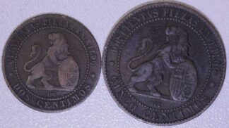 1870 Spain 2 Centimos & 5 Centimos Copper Coins Better Grade than Normal